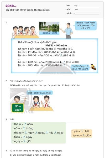 Giải SGK Toán 4 CTST Bài 35. Thế kỉ có đáp án