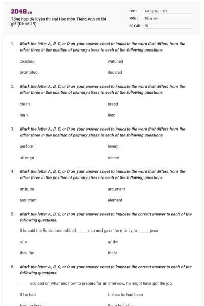 Tổng hợp đề luyện thi Đại Học môn Tiếng Anh có lời giải(Đề số 19)