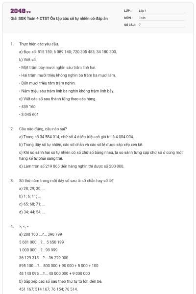 Giải SGK Toán 4 CTST Ôn tập các số tự nhiên có đáp án