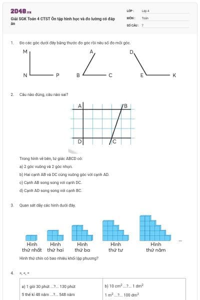 Giải SGK Toán 4 CTST Ôn tập hình học và đo lường có đáp án