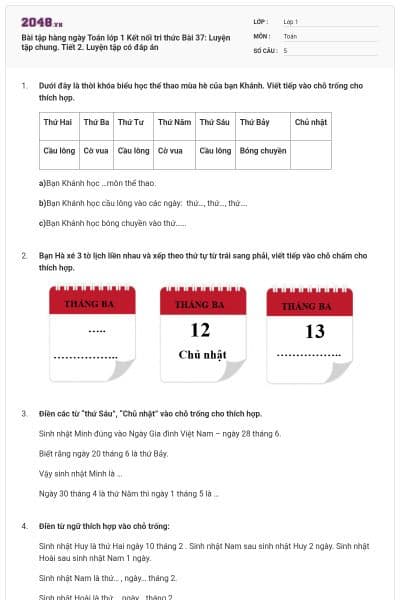 Bài tập hàng ngày Toán lớp 1 Kết nối tri thức Bài 37: Luyện tập chung. Tiết 2. Luyện tập có đáp án