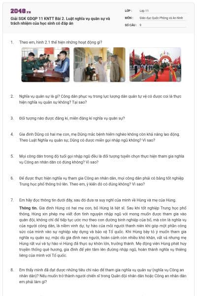 Giải SGK GDQP 11 KNTT Bài 2. Luật nghĩa vụ quân sự và trách nhiệm của học sinh có đáp án