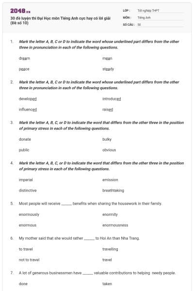 30 đề luyện thi Đại Học môn Tiếng Anh cực hay có lời giải (Đề số 10)
