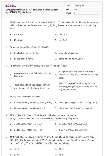 (2023) Đề thi thử Vật lí THPT soạn theo ma trận đề minh họa BGD (Đề 26) có đáp án