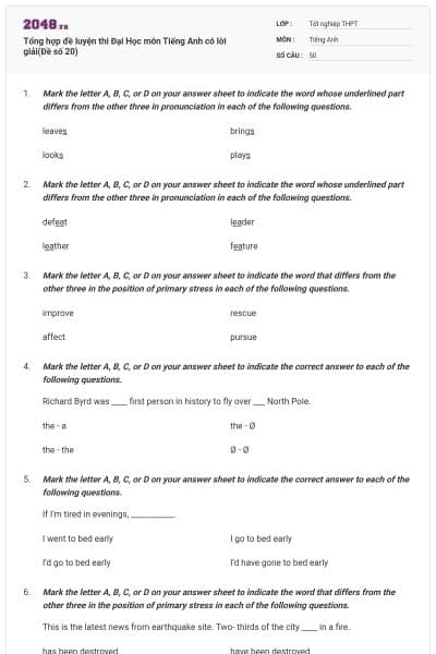 Tổng hợp đề luyện thi Đại Học môn Tiếng Anh có lời giải(Đề số 20)