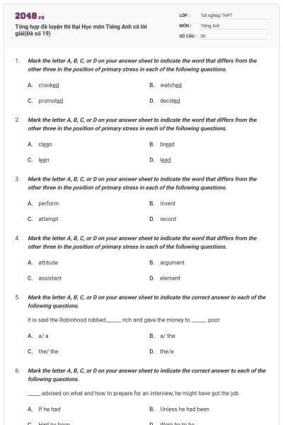 Tổng hợp đề luyện thi Đại Học môn Tiếng Anh có lời giải(Đề số 19)