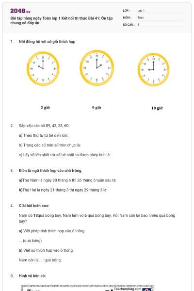 Bài tập hàng ngày Toán lớp 1 Kết nối tri thức Bài 41: Ôn tập chung có đáp án
