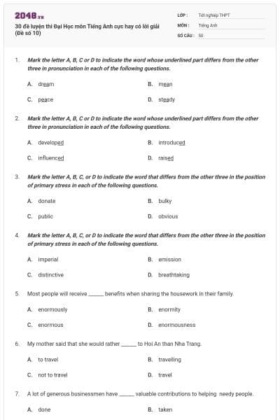 30 đề luyện thi Đại Học môn Tiếng Anh cực hay có lời giải (Đề số 10)