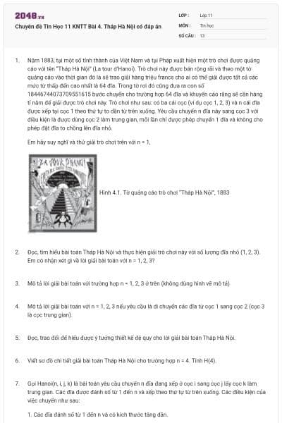 Chuyên đề Tin Học 11 KNTT Bài 4. Tháp Hà Nội có đáp án