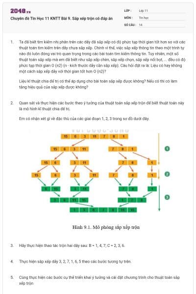 Chuyên đề Tin Học 11 KNTT Bài 9. Sắp xếp trộn có đáp án