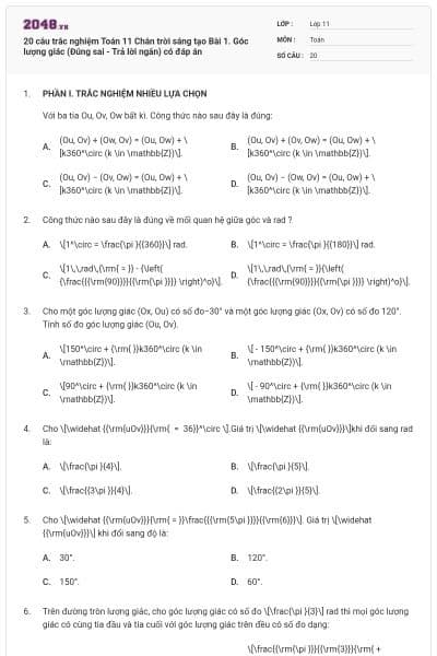 20 câu trắc nghiệm Toán 11 Chân trời sáng tạo Bài 1. Góc lượng giác (Đúng sai - Trả lời ngắn) có đáp án