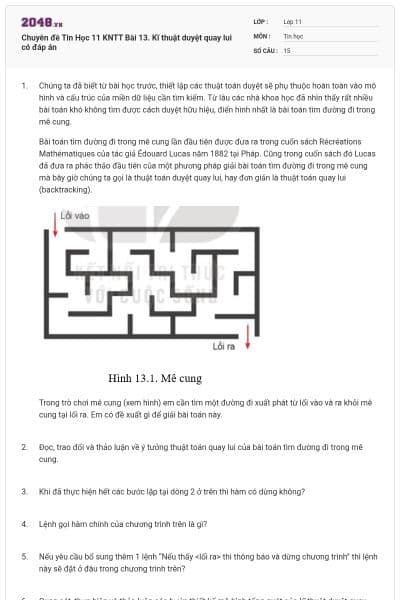 Chuyên đề Tin Học 11 KNTT Bài 13. Kĩ thuật duyệt quay lui có đáp án