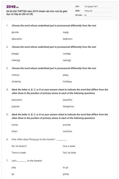 Đề thi thử THPTQG năm 2019 chuẩn cấu trúc của bộ giáo dục có đáp án (Đề số 28)