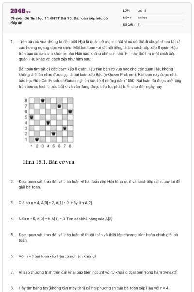 Chuyên đề Tin Học 11 KNTT Bài 15. Bài toán xếp hậu có đáp án