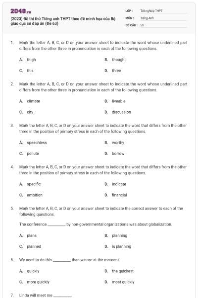 (2023) Đề thi thử Tiếng anh THPT theo đề minh họa của Bộ giáo dục có đáp án (Đề 63)