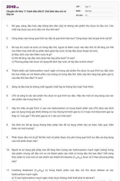 Chuyên đề Hóa 11 Cánh diều Bài 8: Chế biến dầu mỏ có đáp án
