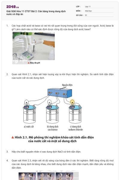 Giải SGK Hóa 11 CTST Bài 2: Cân bằng trong dung dịch nước có đáp án