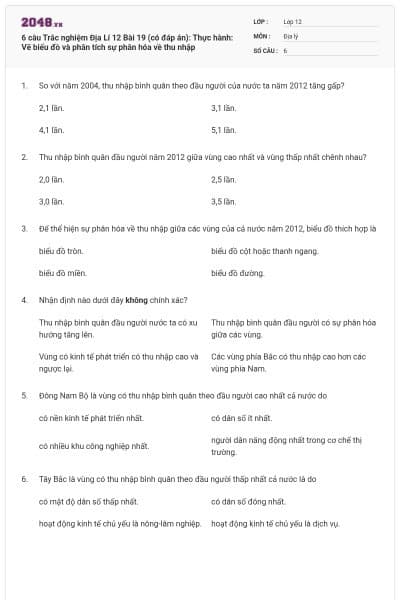 6 câu Trắc nghiệm Địa Lí 12 Bài 19 (có đáp án): Thực hành: Vẽ biểu đồ và phân tích sự phân hóa về thu nhập