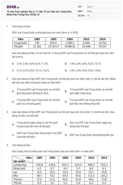 14 câu Trắc nghiệm Địa Lí 11 Bài 10 (có đáp án): Cộng Hòa Nhân Dân Trung Hoa (Phần 3)
