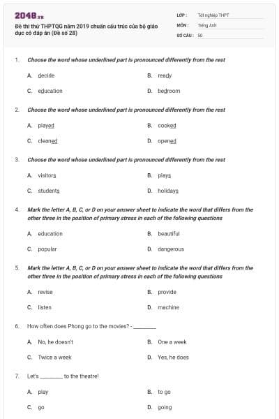 Đề thi thử THPTQG năm 2019 chuẩn cấu trúc của bộ giáo dục có đáp án (Đề số 28)