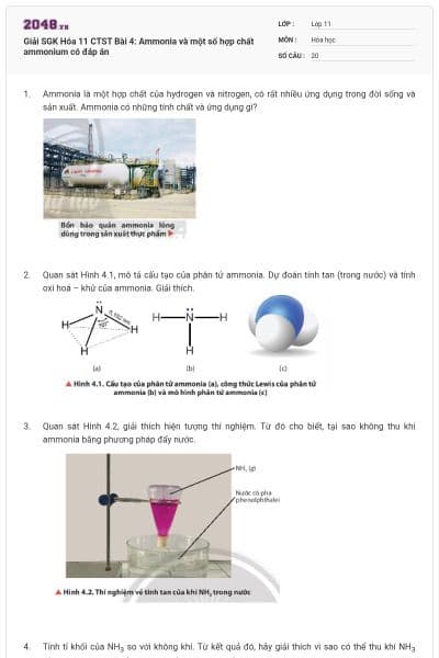 Giải SGK Hóa 11 CTST Bài 4: Ammonia và một số hợp chất ammonium có đáp án
