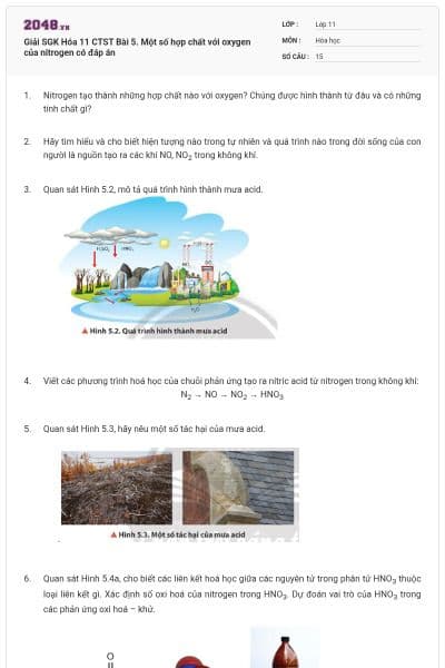 Giải SGK Hóa 11 CTST Bài 5. Một số hợp chất với oxygen của nitrogen có đáp án