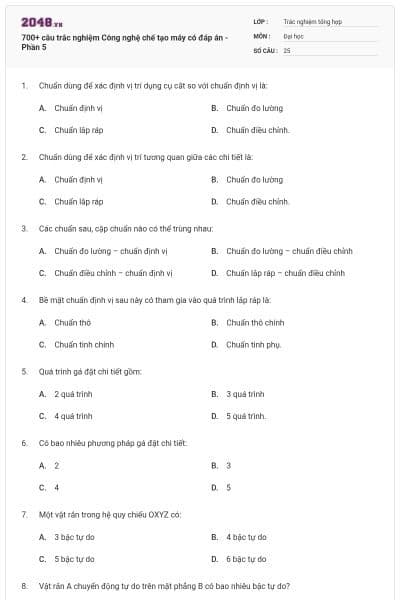 700+ câu trắc nghiệm Công nghệ chế tạo máy có đáp án - Phần 5