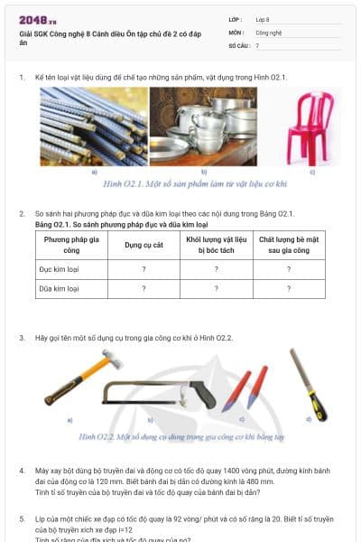 Giải SGK Công nghệ 8 Cánh diều Ôn tập chủ đề 2 có đáp án