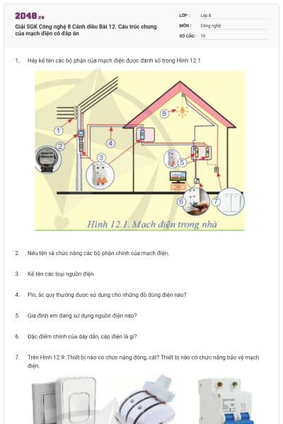 Giải SGK Công nghệ 8 Cánh diều Bài 12. Cấu trúc chung của mạch điện có đáp án