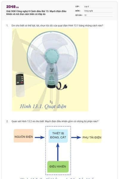 Giải SGK Công nghệ 8 Cánh diều Bài 13. Mạch điện điều khiển và mô đun cảm biến  có đáp án