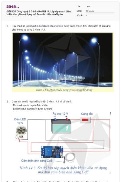 Giải SGK Công nghệ 8 Cánh diều Bài 14. Lắp ráp mạch điều khiển đơn giản sử dụng mô đun cảm biến có đáp án