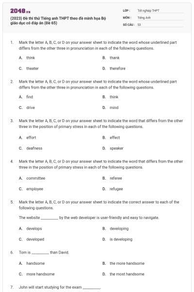 (2023) Đề thi thử Tiếng anh THPT theo đề minh họa Bộ giáo dục có đáp án (Đề 65)