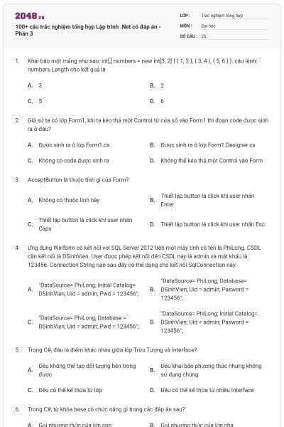 100+ câu trắc nghiệm tổng hợp Lập trình .Net có đáp án - Phần 3