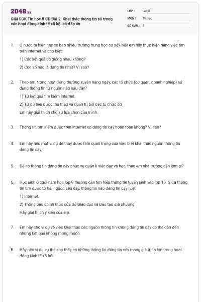 Giải SGK Tin học 8 CD Bài 2. Khai thác thông tin số trong các hoạt động kinh tế xã hội có đáp án