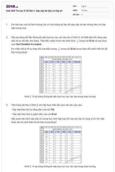 Giải SGK Tin học 8 CD Bài 2. Sắp xếp dữ liệu có đáp án