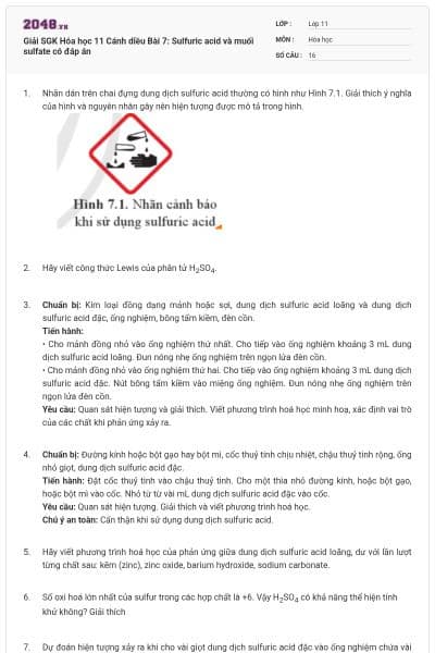Giải SGK Hóa học 11 Cánh diều Bài 7: Sulfuric acid và muối sulfate có đáp án
