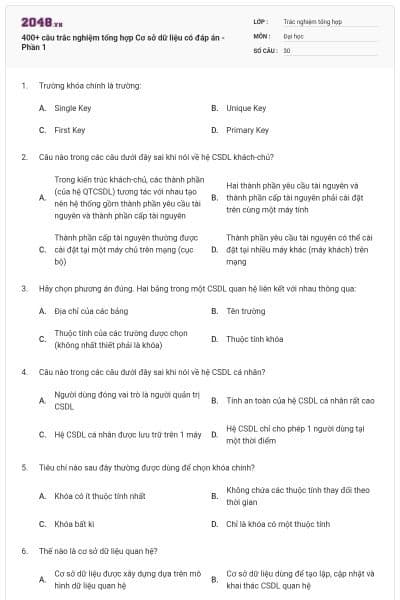 400+ câu trắc nghiệm tổng hợp Cơ sở dữ liệu có đáp án - Phần 1