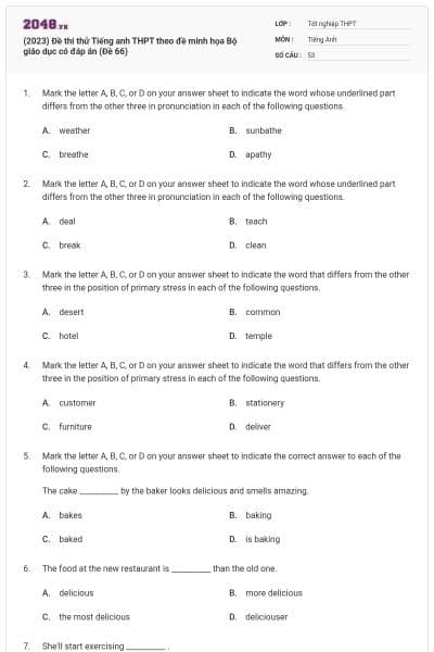 (2023) Đề thi thử Tiếng anh THPT theo đề minh họa Bộ giáo dục có đáp án (Đề 66)