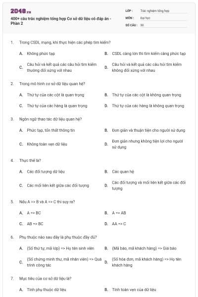 400+ câu trắc nghiệm tổng hợp Cơ sở dữ liệu có đáp án - Phần 2