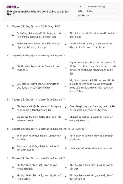 400+ câu trắc nghiệm tổng hợp Cơ sở dữ liệu có đáp án - Phần 3