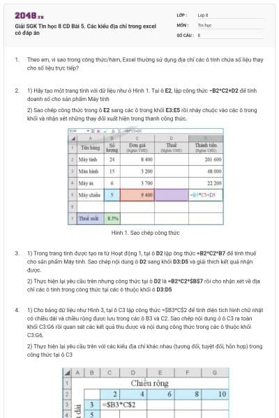 Giải SGK Tin học 8 CD Bài 5. Các kiểu địa chỉ trong excel có đáp án