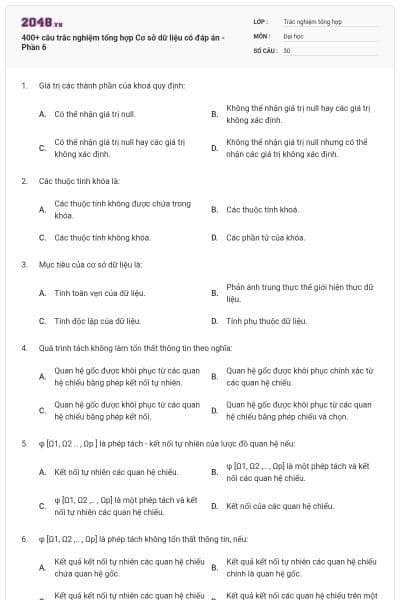 400+ câu trắc nghiệm tổng hợp Cơ sở dữ liệu có đáp án - Phần 6