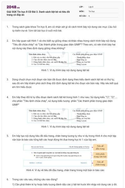 Giải SGK Tin học 8 CD Bài 3. Danh sách liệt kê và tiêu đề trang có đáp án