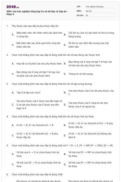 400+ câu trắc nghiệm tổng hợp Cơ sở dữ liệu có đáp án - Phần 9