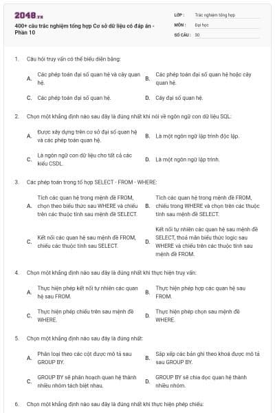 400+ câu trắc nghiệm tổng hợp Cơ sở dữ liệu có đáp án - Phần 10