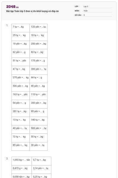 Bài tập Toán lớp 5 Đơn vị đo khối lượng có đáp án