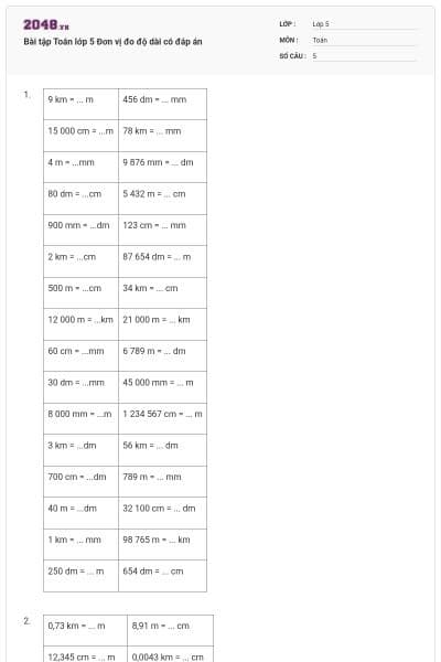 Bài tập Toán lớp 5 Đơn vị đo độ dài có đáp án