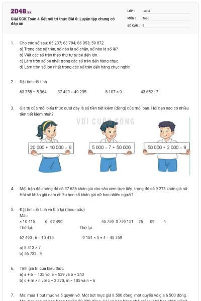 Giải SGK Toán 4 Kết nối tri thức Bài 6: Luyện tập chung có đáp án