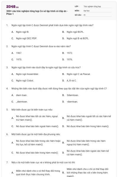 300+ câu trắc nghiệm tổng hợp Cơ sở lập trình có đáp án - Phần 1