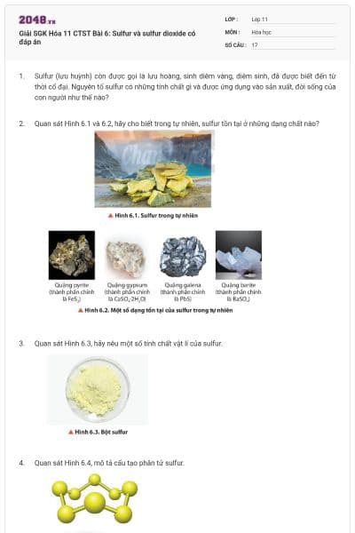 Giải SGK Hóa 11 CTST Bài 6: Sulfur và sulfur dioxide có đáp án
